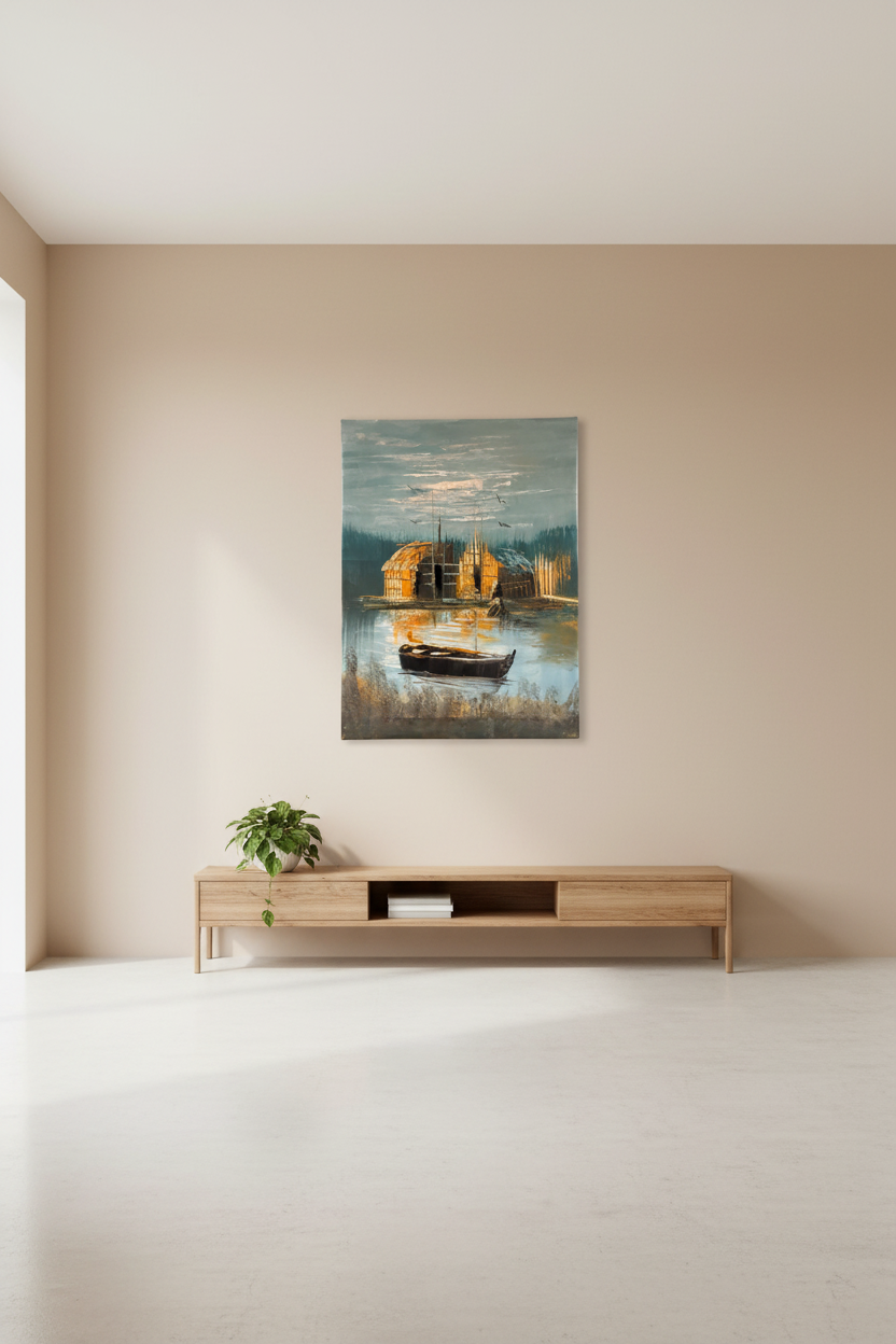 Twin reed huts marshland oil painting hung on empty wall – frameless display