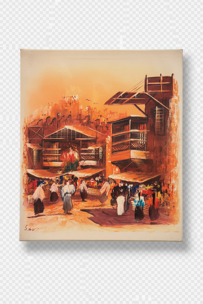 Middle Eastern souk bazaar oil painting isolated on transparent background with natural drop shadow
