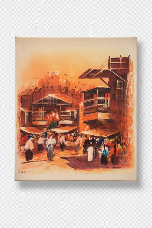 Middle Eastern souk bazaar oil painting isolated on transparent background with natural drop shadow
