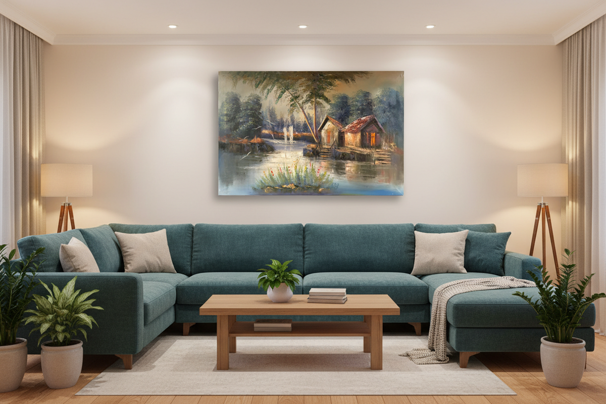 Original glowing lakeside cabin oil painting hung unframed on wall in a cozy teal family room at true scale 35.43 by 23.62 inches