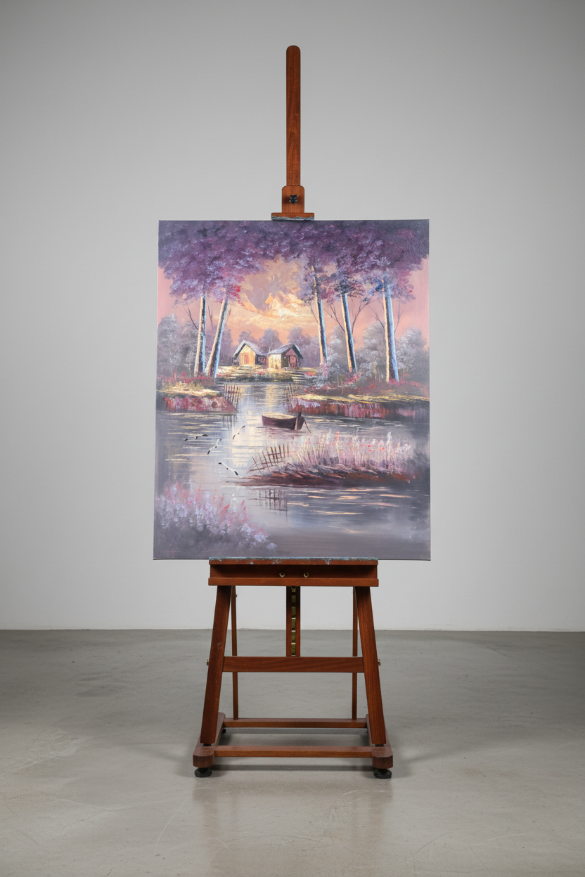 Twilight lake cabin original oil painting displayed on a wooden easel art stand — frameless gallery presentation