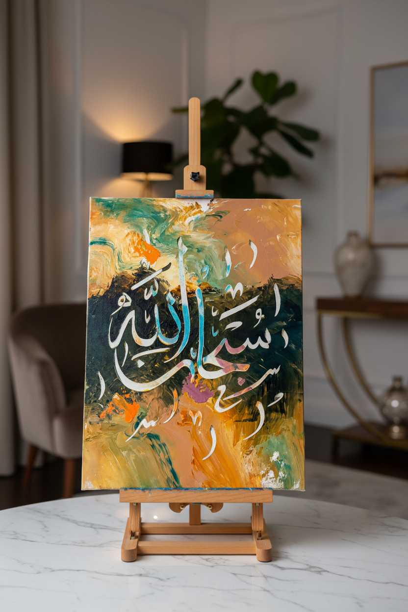 Subhanallah Arabic calligraphy canvas art on a wooden easel display stand, portrait orientation, no frame gallery wrap, luxury home decor