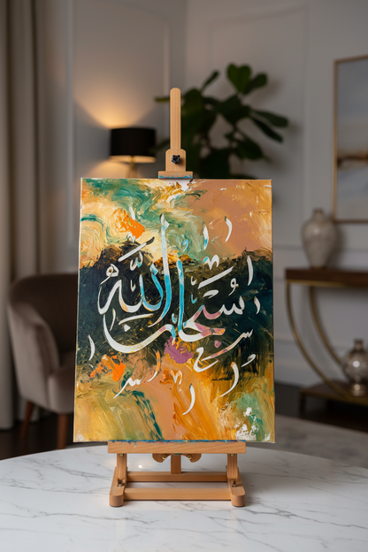 Subhanallah Arabic calligraphy canvas art on a wooden easel display stand, portrait orientation, no frame gallery wrap, luxury home decor
