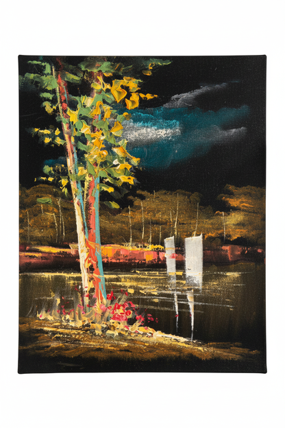 Autumn riverside night impressionist canvas art on white background product photo