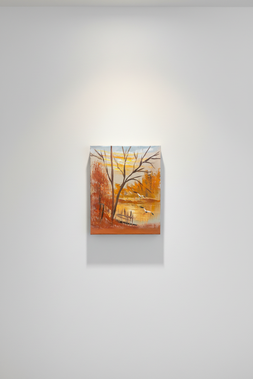 Original autumn riverside cranes oil painting displayed unframed on clean empty white wall