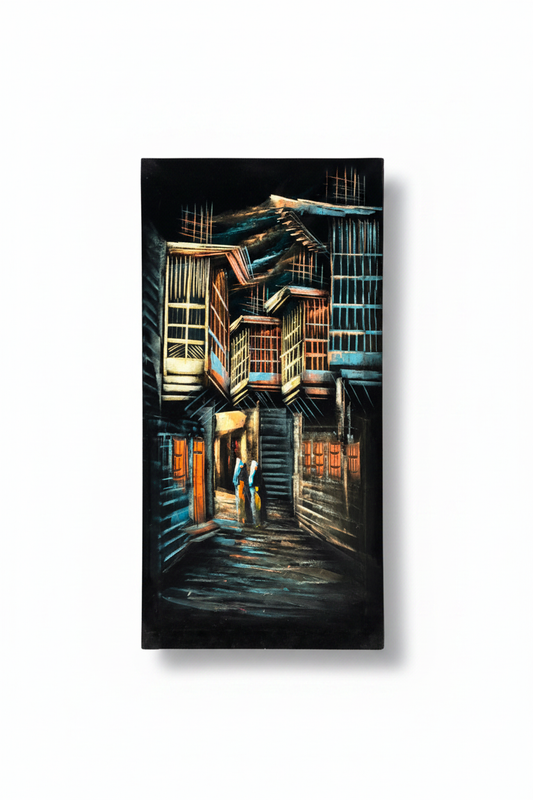 Original oil painting on white background with shadow – heritage stairway nocturnal urban scene