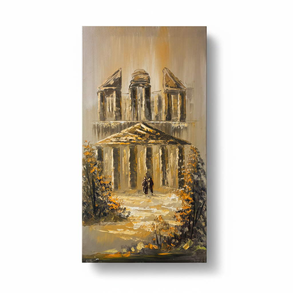 Ancient Temple oil painting on white background with shadow