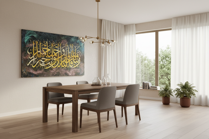 Rabbana Faghfir Lana canvas displayed in open area dining room