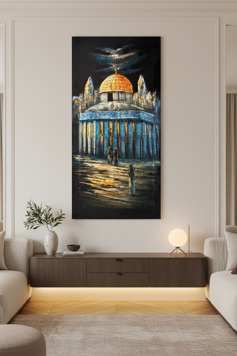Dome of the Rock painting displayed in luxury living room area setting