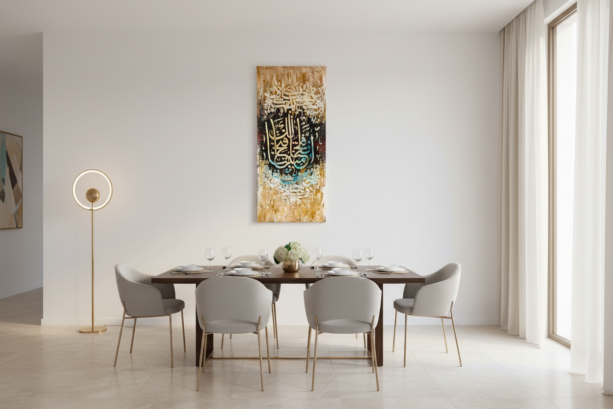 Inna Rabbakum Allah Quran calligraphy canvas wall art in a spacious open area showing scale, no frame