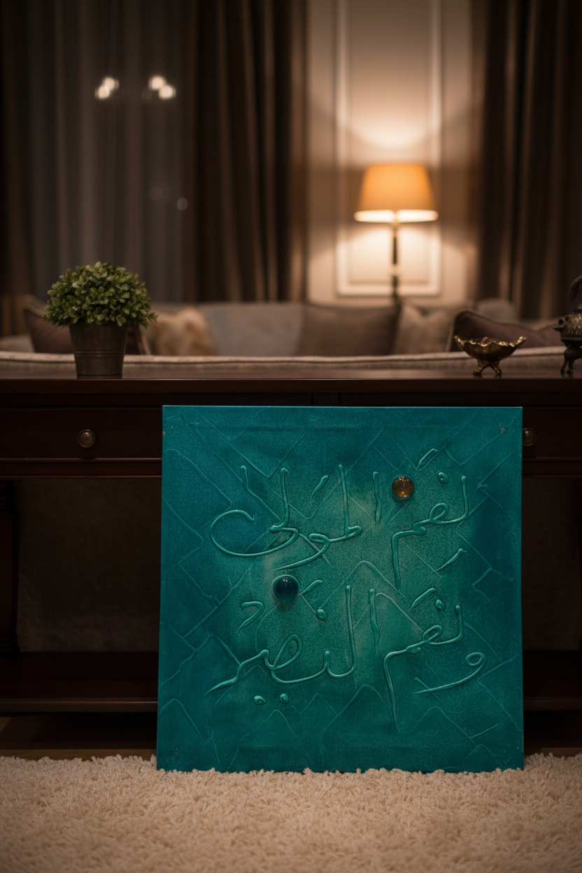Islamic calligraphy teal diamond grid wall art displayed on wooden console stand