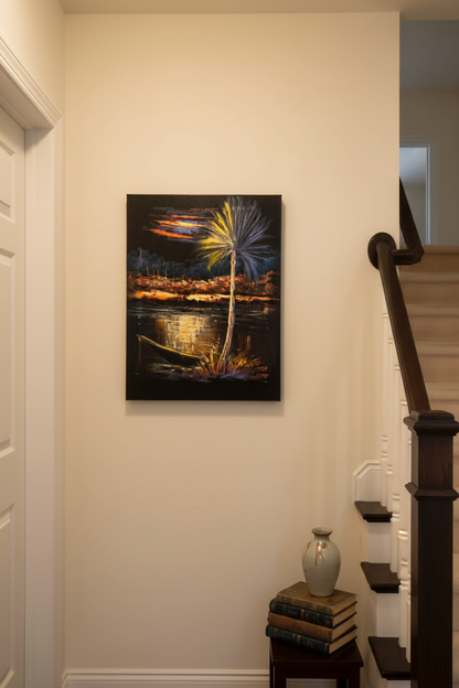 Palm Tree by the River at Night oil painting on cream white wall in intimate hallway near staircase — no frame, lifestyle interior staging