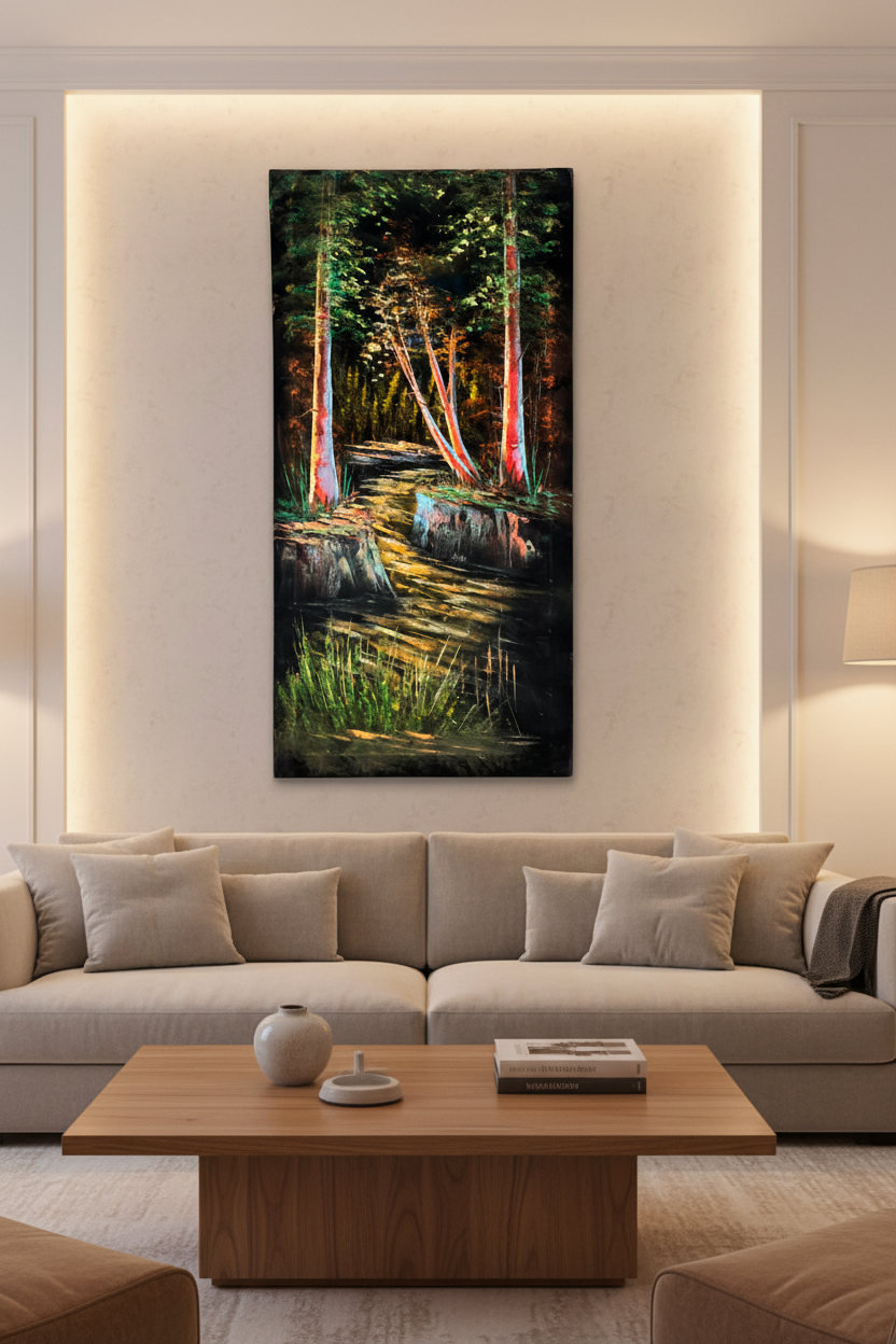 Enchanted forest painting displayed as statement piece in luxury living room
