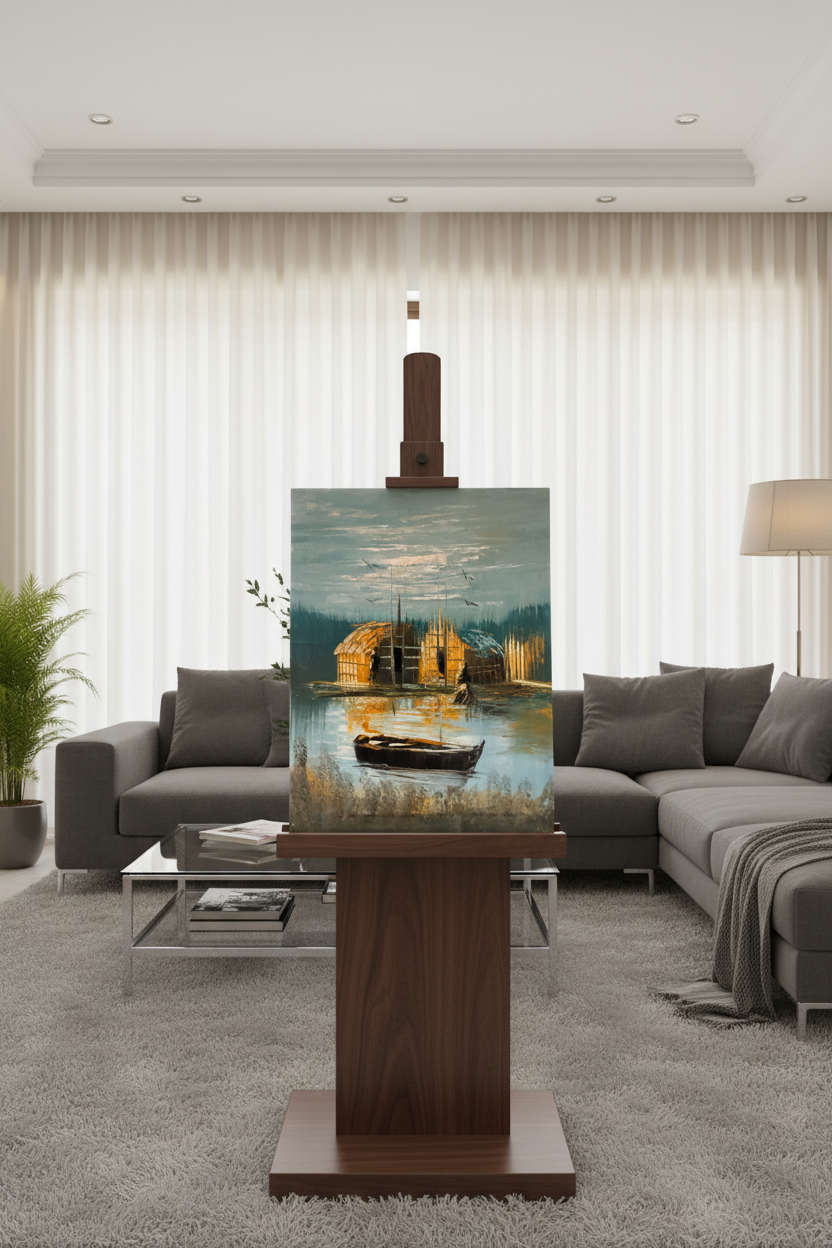 Twin reed huts marshland oil painting on wooden art stand in modern living room – no frame