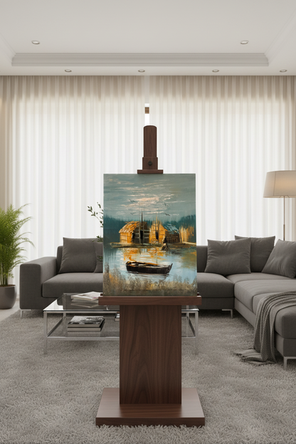 Twin reed huts marshland oil painting on wooden art stand in modern living room – no frame