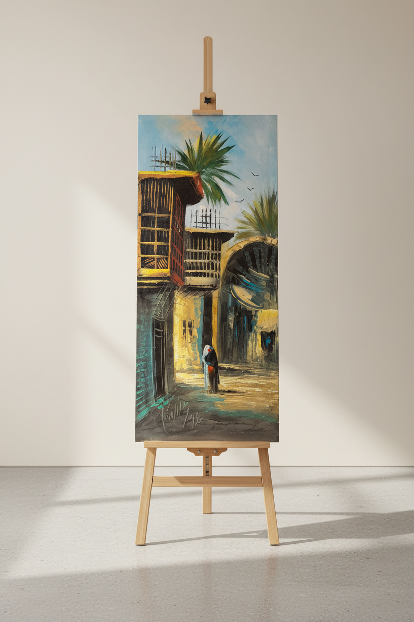 Original oil painting displayed upright on a wooden art easel stand in a studio, no frame