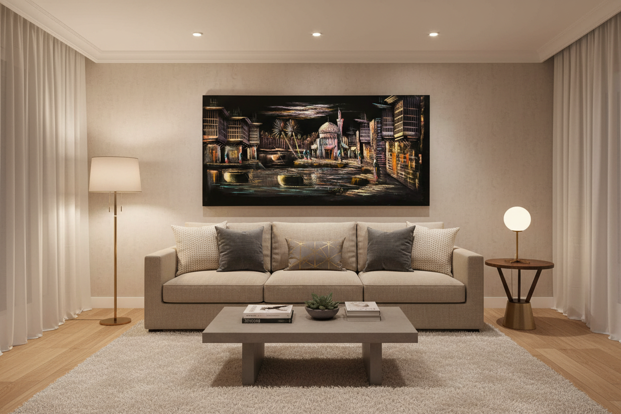 Middle Eastern bazaar canvas wall art displayed in modern living room above sofa