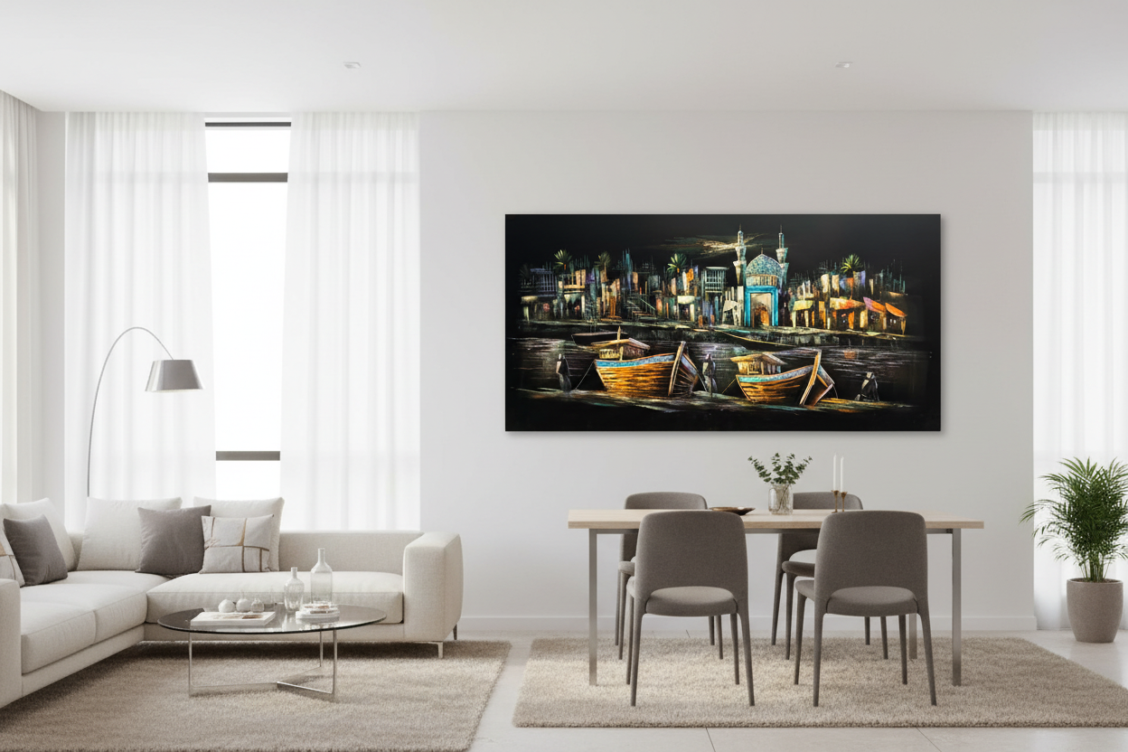 Middle Eastern harbor night scene with dhow boats canvas wall art displayed in open dining and sitting area