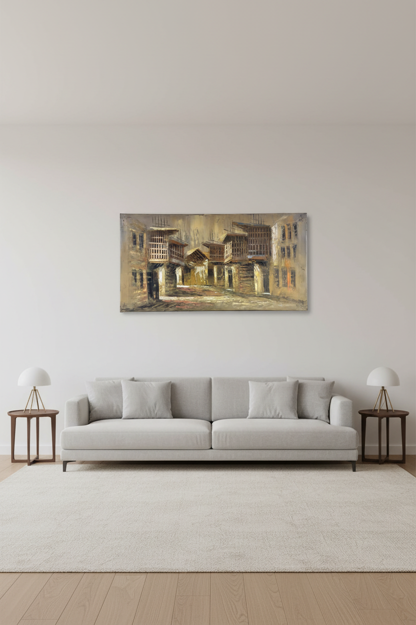 Old Town Courtyard oil painting on empty living room wall, no frame