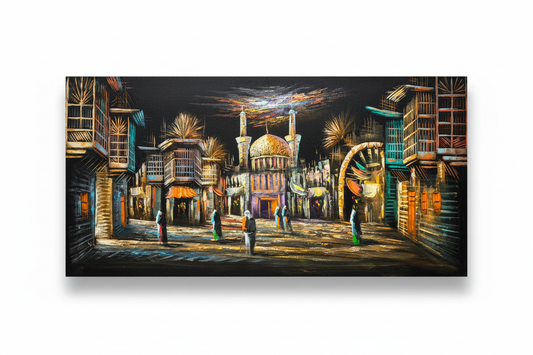 Golden mosque bazaar night scene canvas wall art on white background with shadow – 47x24 inches