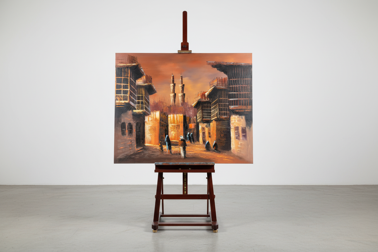 Minaret at Dusk original oil painting displayed on a wooden easel art stand — frameless gallery presentation