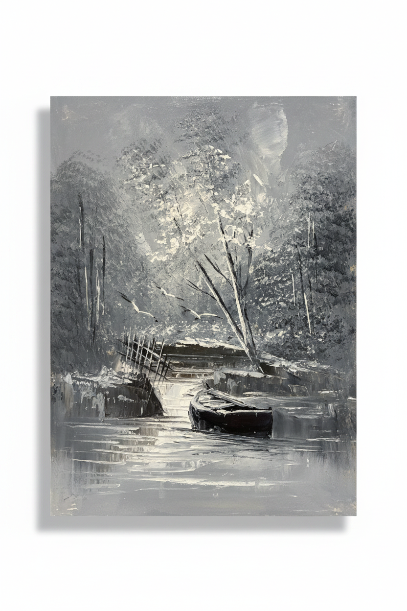 Moonlit forest canal oil painting isolated with shadow, no background