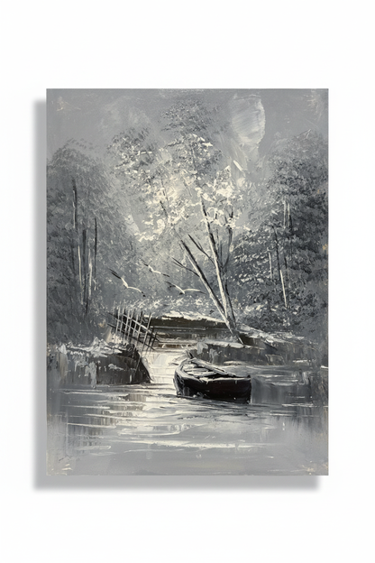 Moonlit forest canal oil painting isolated with shadow, no background