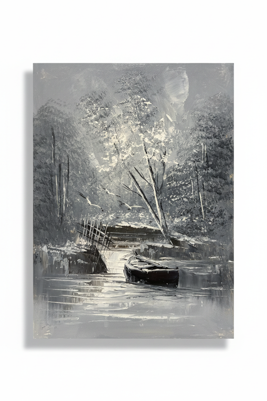 Moonlit forest canal oil painting isolated with shadow, no background