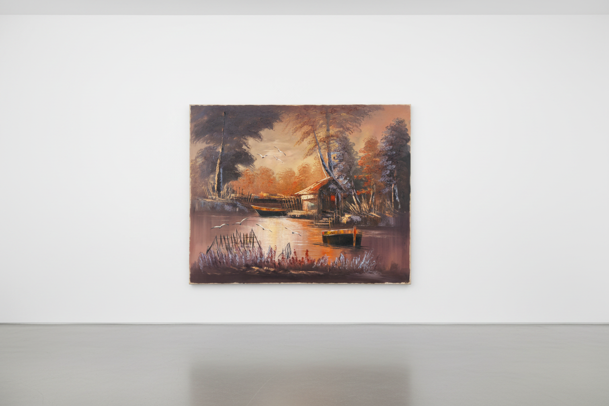 Original twilight boatyard oil painting leaning against a white gallery wall — frameless canvas display