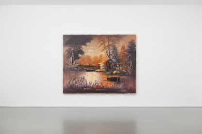 Original twilight boatyard oil painting leaning against a white gallery wall — frameless canvas display