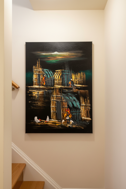 Marsh Builders at Night oil painting on cream white wall in intimate hallway near staircase — no frame, lifestyle interior staging