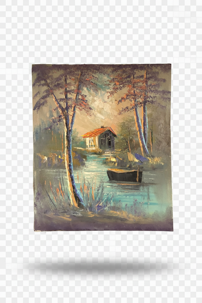 Lakeside cabin twilight oil painting isolated on transparent background with natural drop shadow