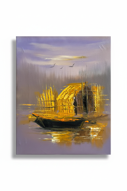 Iraqi marsh mudhif impasto oil painting isolated on white background with soft drop shadow — no frame