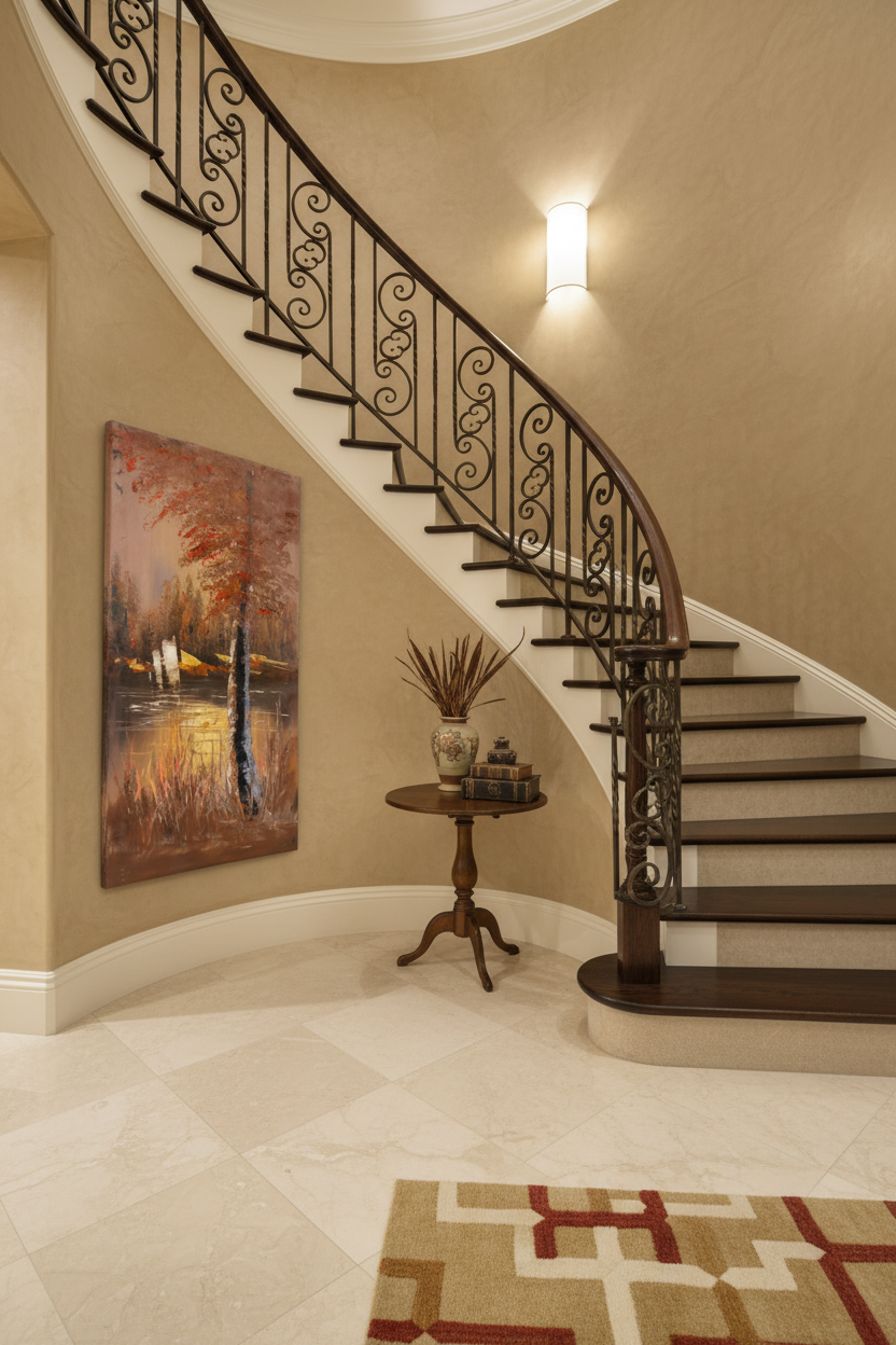 Autumn Fire by the Lake oil painting mounted on staircase wall, no frame