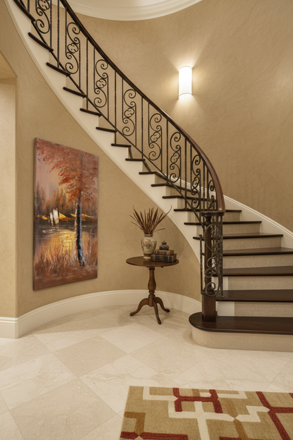 Autumn Fire by the Lake oil painting mounted on staircase wall, no frame