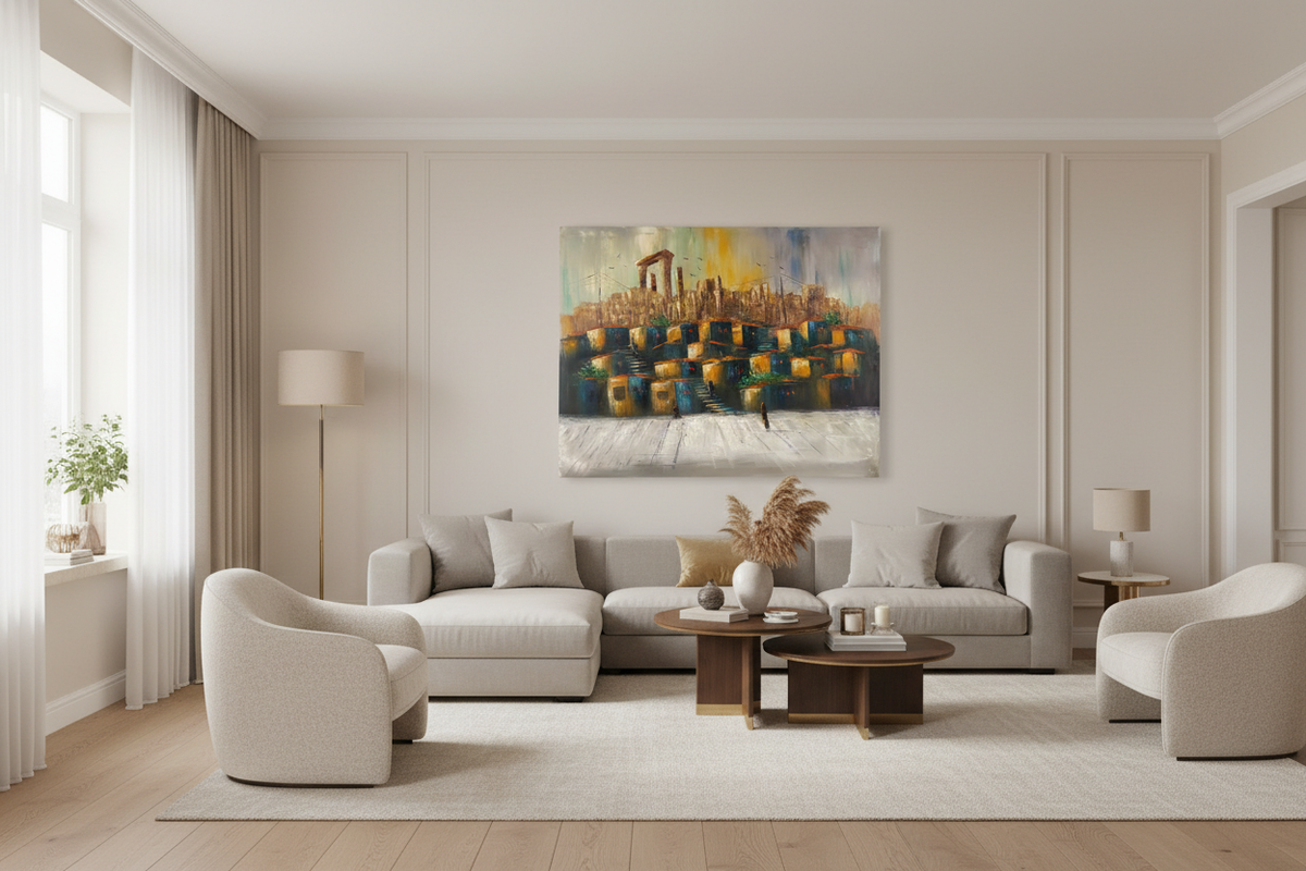 Original abstract Middle Eastern cityscape oil painting hanging in a luxury family room — frameless wall art, 39.37 x 31.50 inches