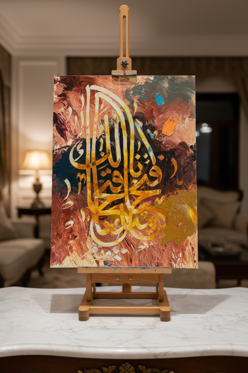 Rabbana Atina gold Arabic calligraphy canvas art on a wooden easel display stand, portrait orientation, no frame gallery wrap, luxury home decor