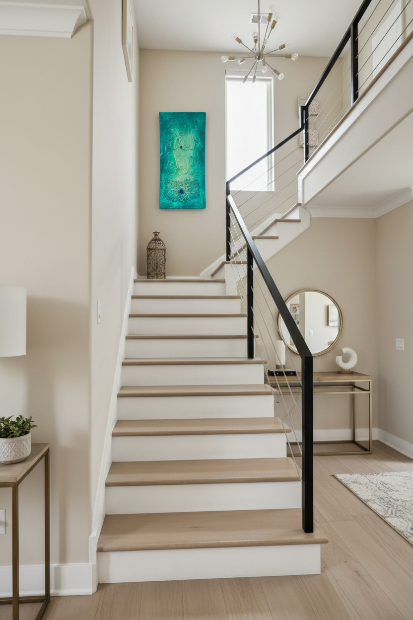 Islamic calligraphy emerald teal canvas on staircase wall