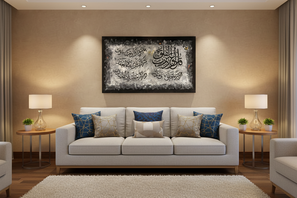 Surah Al-Falaq silver metallic canvas displayed in a modern living room above sofa