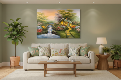 Original enchanted cottage garden oil painting hung unframed on wall in a cozy sage green family room at true scale 35.43 by 23.62 inches