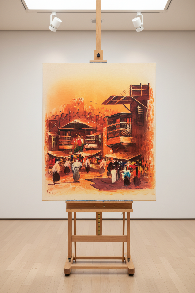 Middle Eastern souk oil painting displayed on a luxury wooden gallery easel stand