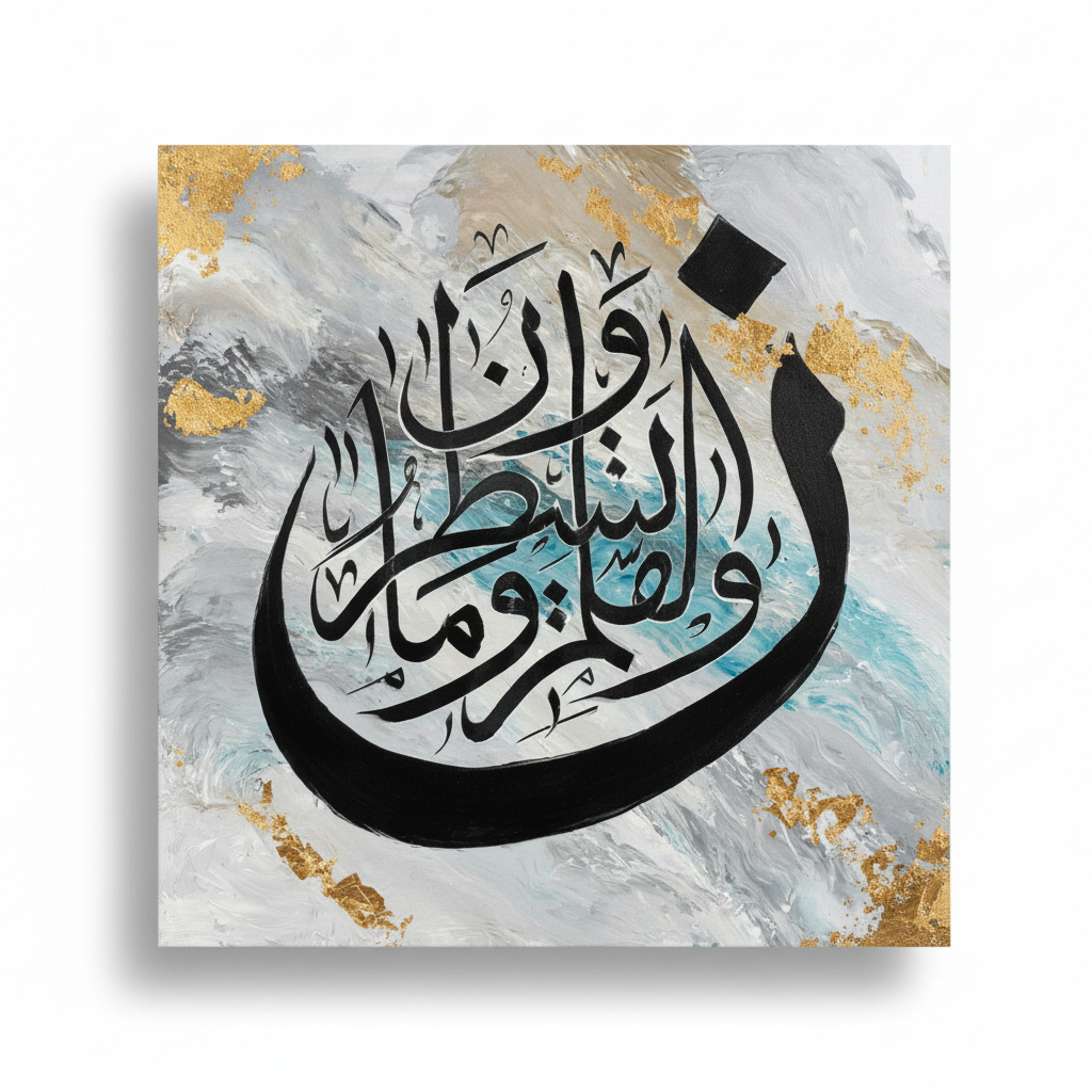 Arabic calligraphy square canvas art on white background with shadow, no frame – product shot