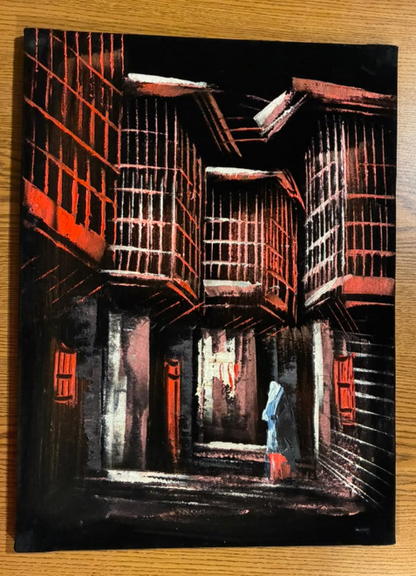 Red Alleyway at Night — Original Oil Painting on Canvas
