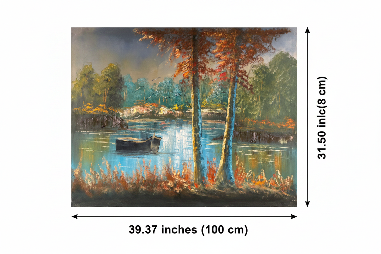 Dimension diagram showing 39.37 inches width and 31.50 inches height for the autumn lake rowboat original oil painting