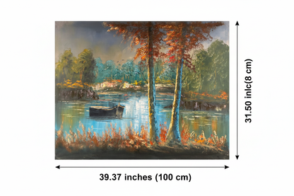 Dimension diagram showing 39.37 inches width and 31.50 inches height for the autumn lake rowboat original oil painting