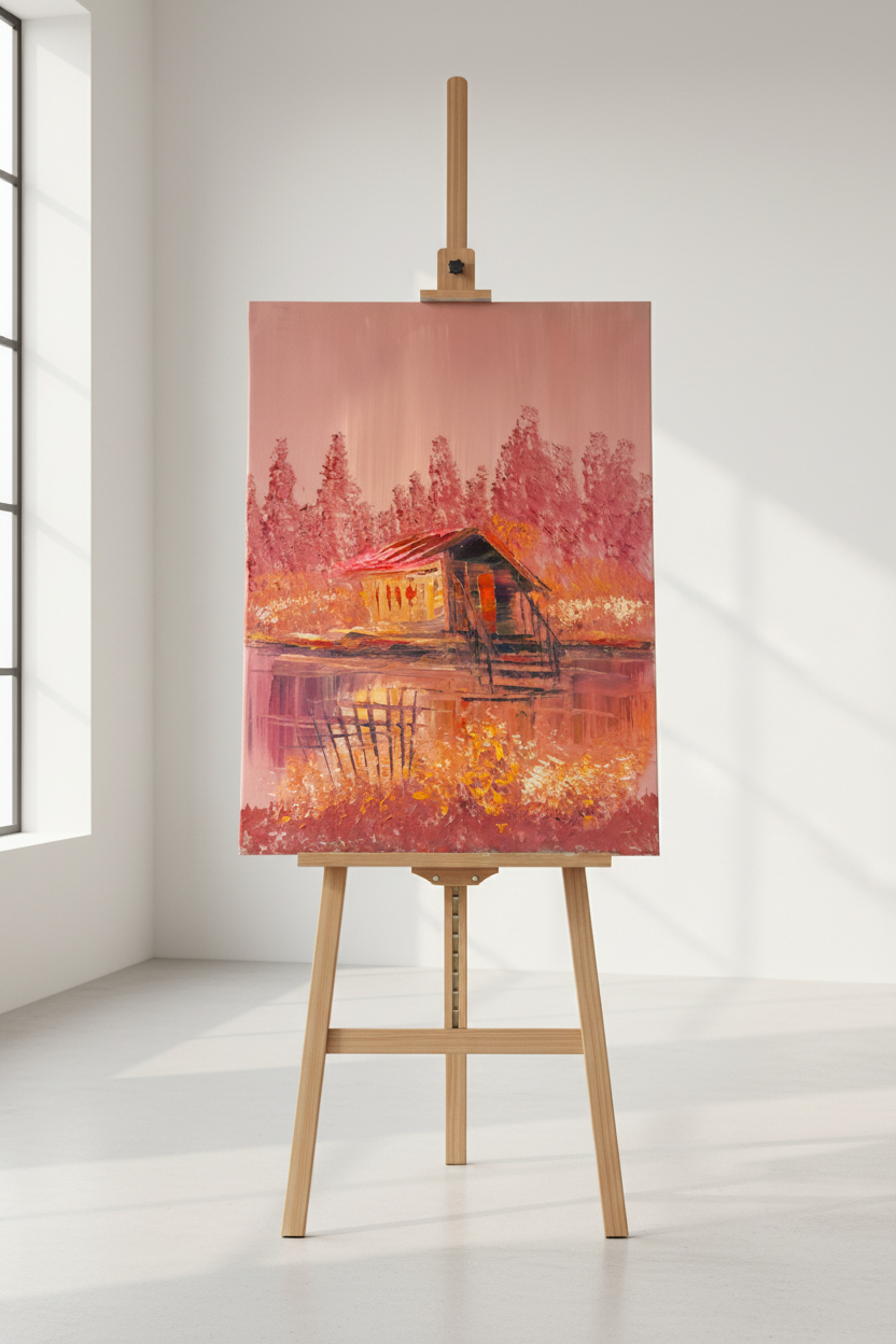 Rustic cabin painting displayed on wooden easel stand in minimalist studio