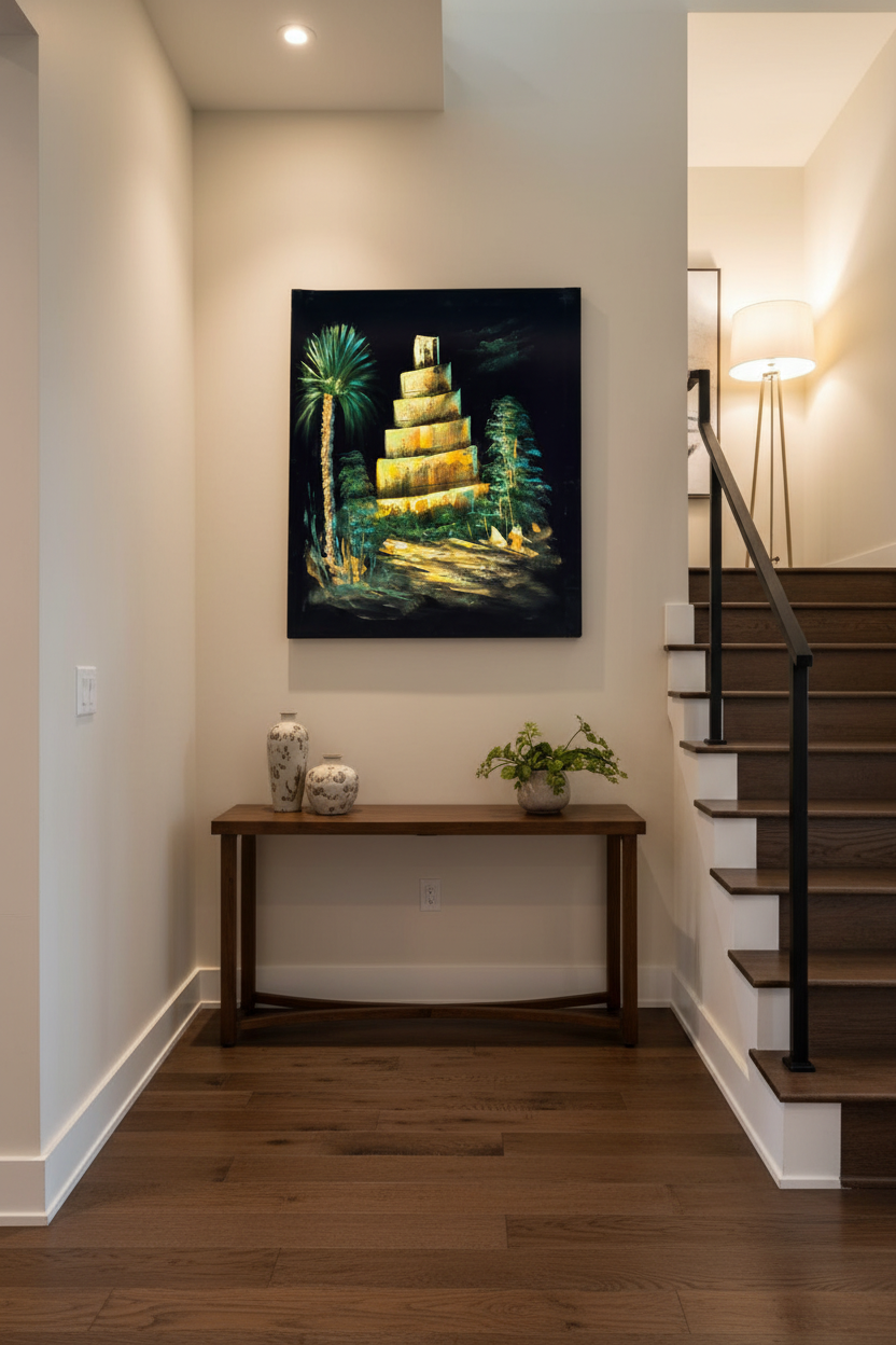 Ancient ziggurat tower canvas art staged on a modern home stairway wall