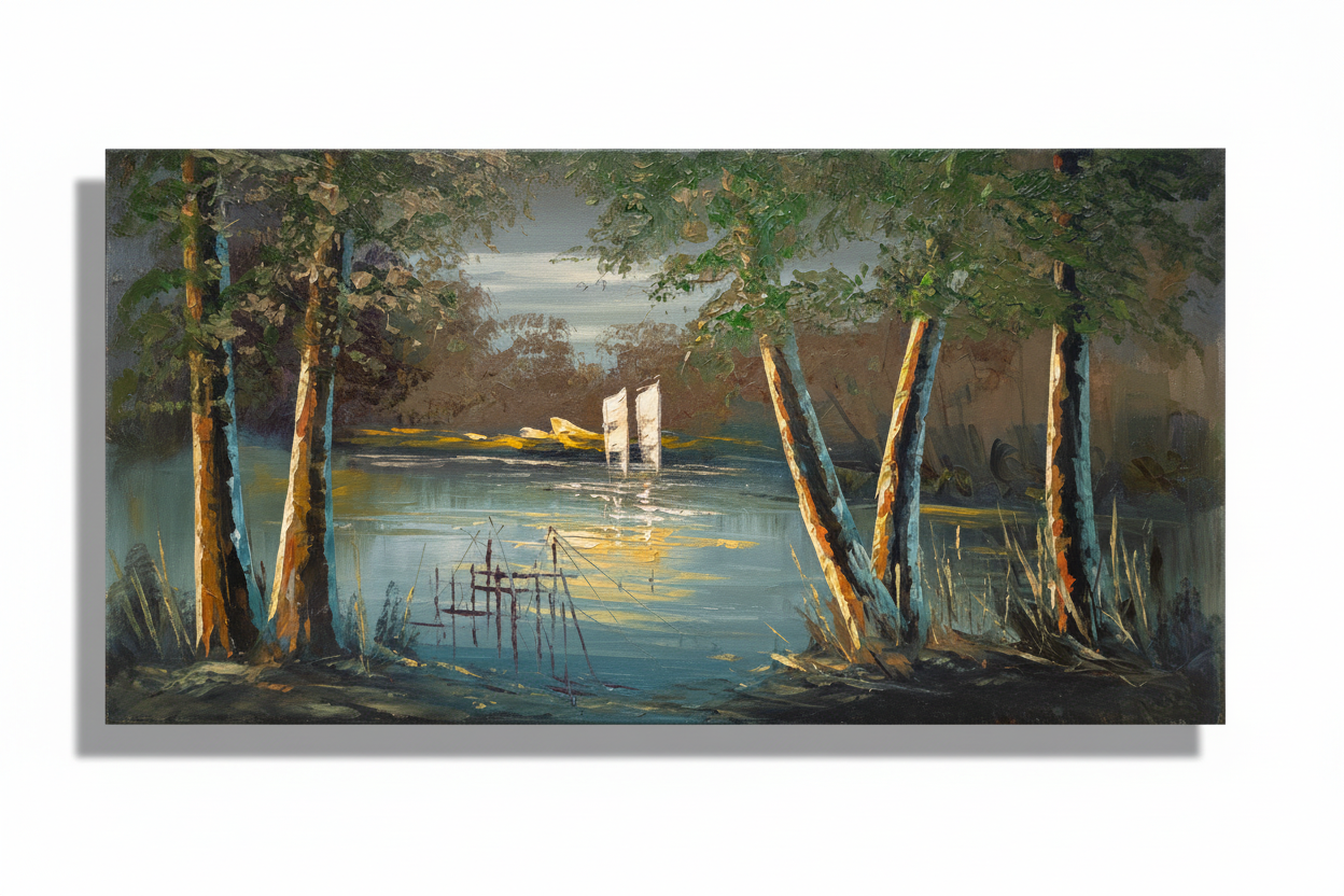 Sailboat at Moonrise oil painting isolated on white background with shadow