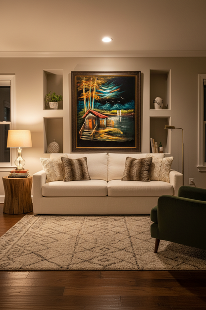 Lakeside cabin night scene canvas art staged in a cozy living room sitting area above a sofa