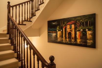 Waterfront Boathouse Villa painting displayed in elegant staircase interior setting